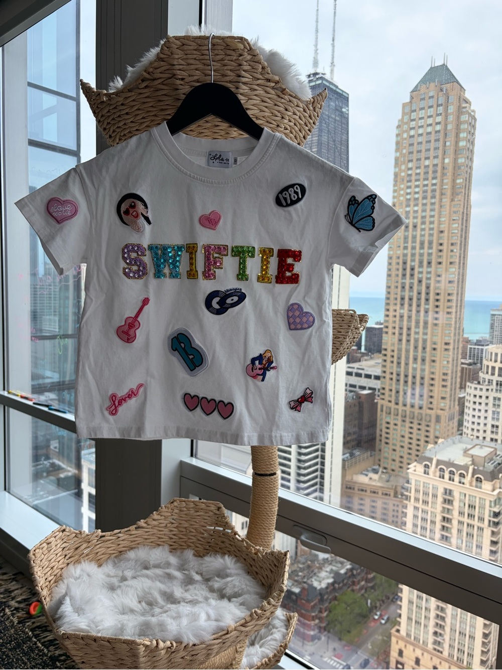 Lola + The Boys White "SWIFTIE" Sequin Patch Tee